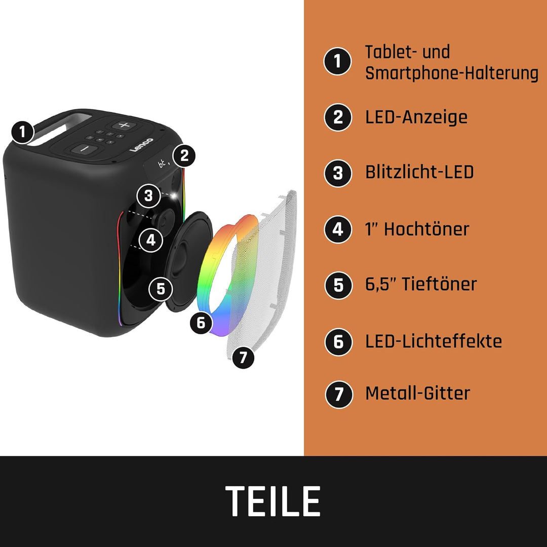 Lenco PA-100 Bluetooth PartyBox - Tragbarer Party-Lautsprecher - Bluetooth 5.0 mit TWS - IPX4 - Part