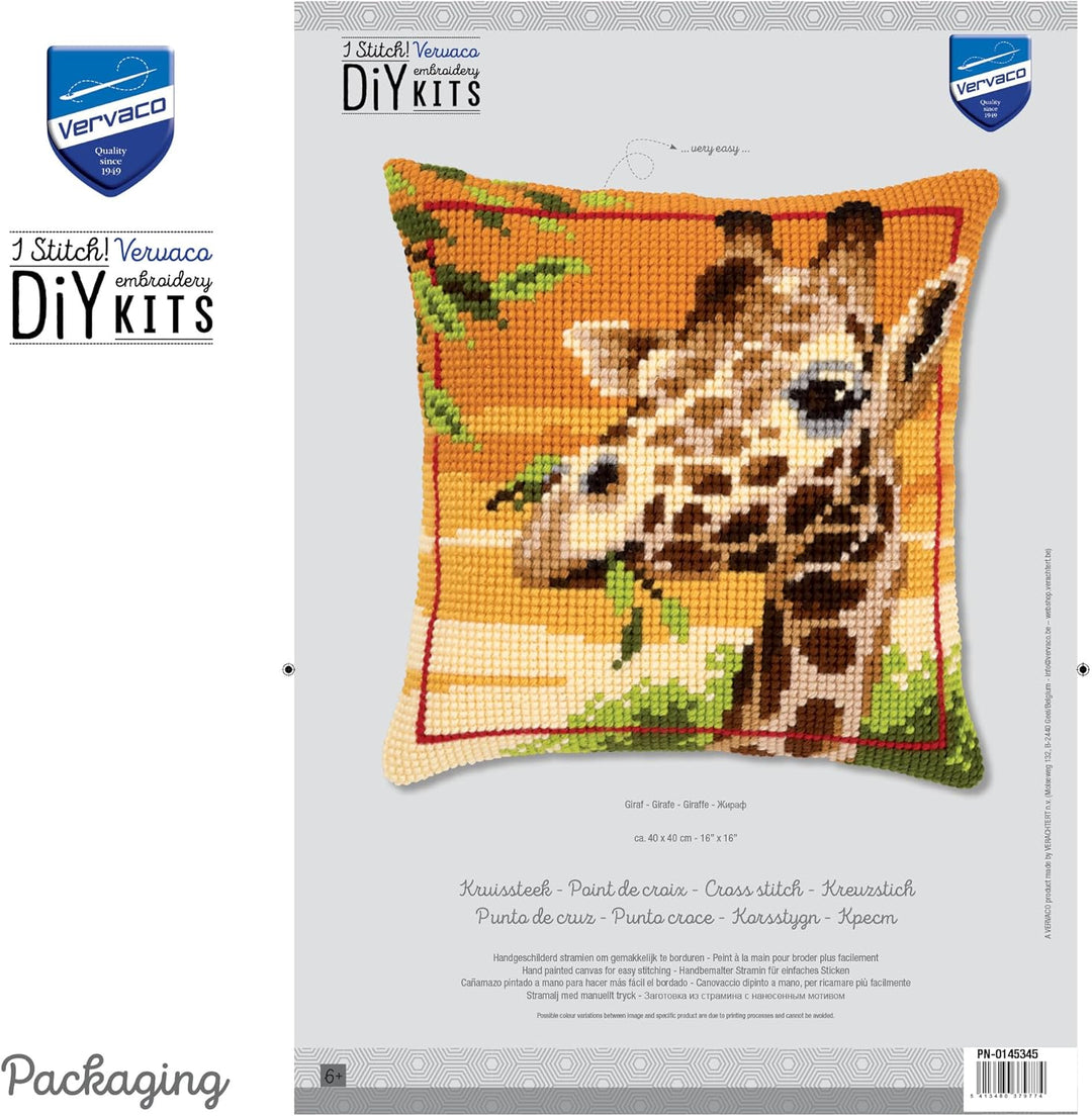 Vervaco Giraffe Kreuzstichkissen/Stickkissen vorgedruckt, Baumwolle, Mehrfarbig, 40 x 40 x 0.3 cm