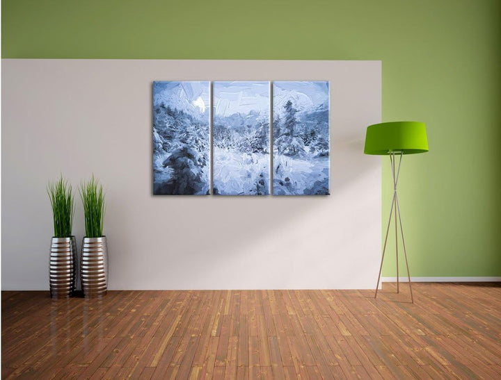 Pixxprint verschneiter Wald Pinsel Effekt 3-Teiler Leinwandbild 120x80 Bild auf Leinwand