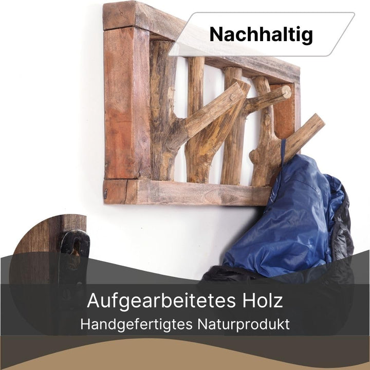 DESIGN DELIGHTS RUSTIKALE WANDGARDEROBE LIMB | 45x23x~10-13 cm (BxHxT), Treibholz | Hakenleiste | Fa