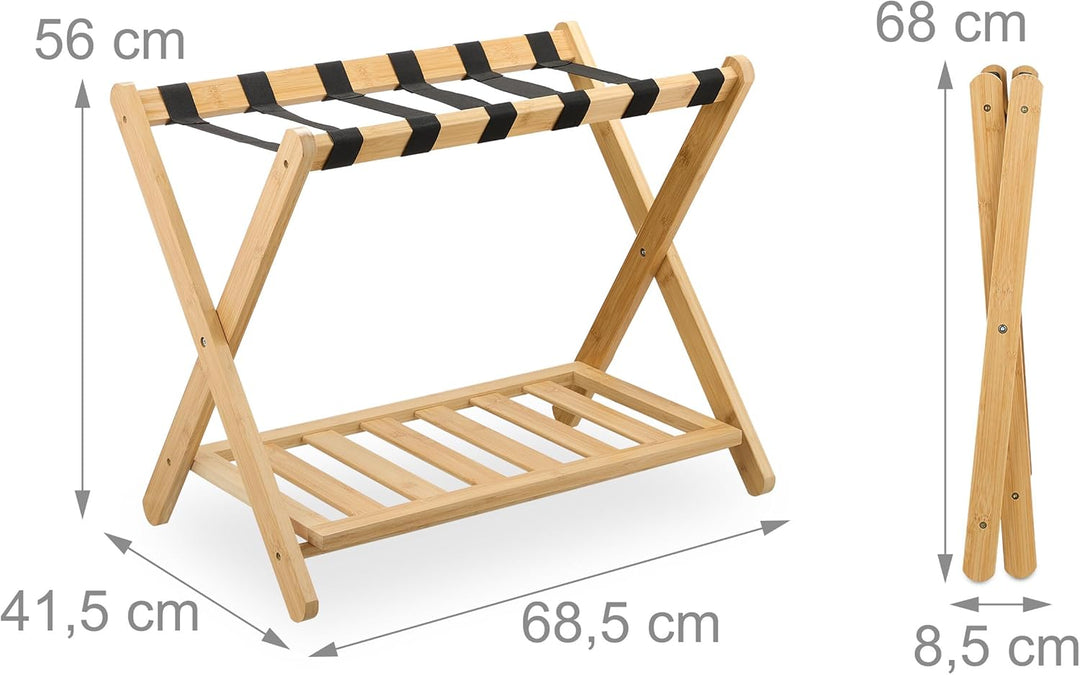 Relaxdays Kofferständer, klappbar, Bambus, HBT: 56 x 68,5 x 41,5 cm, Gepäckständer mit Ablage, Koffe