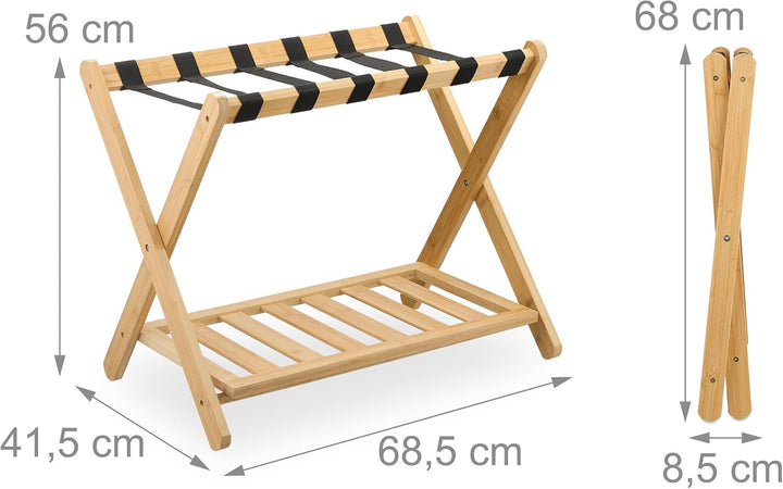 Relaxdays Kofferständer, klappbar, Bambus, HBT: 56 x 68,5 x 41,5 cm, Gepäckständer mit Ablage, Koffe