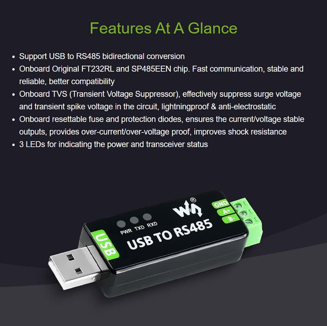 Waveshare Industrial USB to RS485 Converter with Original FT232RNL and SP485EEN Chips Automatic Tran