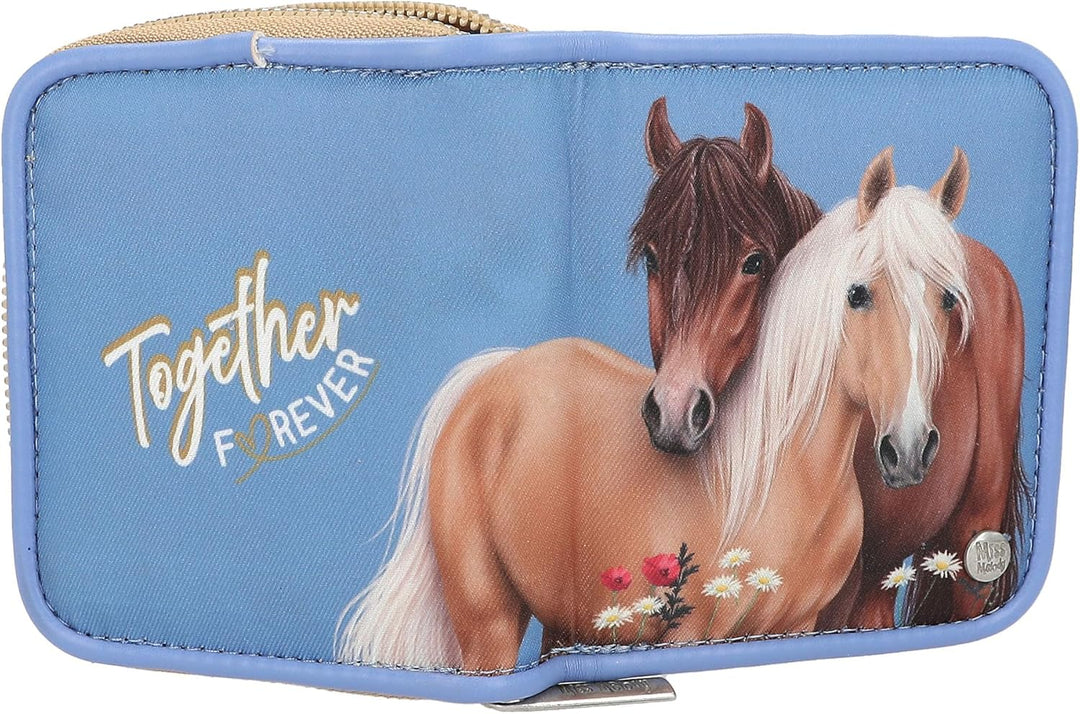 Depesche 13212 Miss Melody - Portemonnaie in Hellblau, mit Pferde Motiv und Blumen, Geldbörse mit Fä