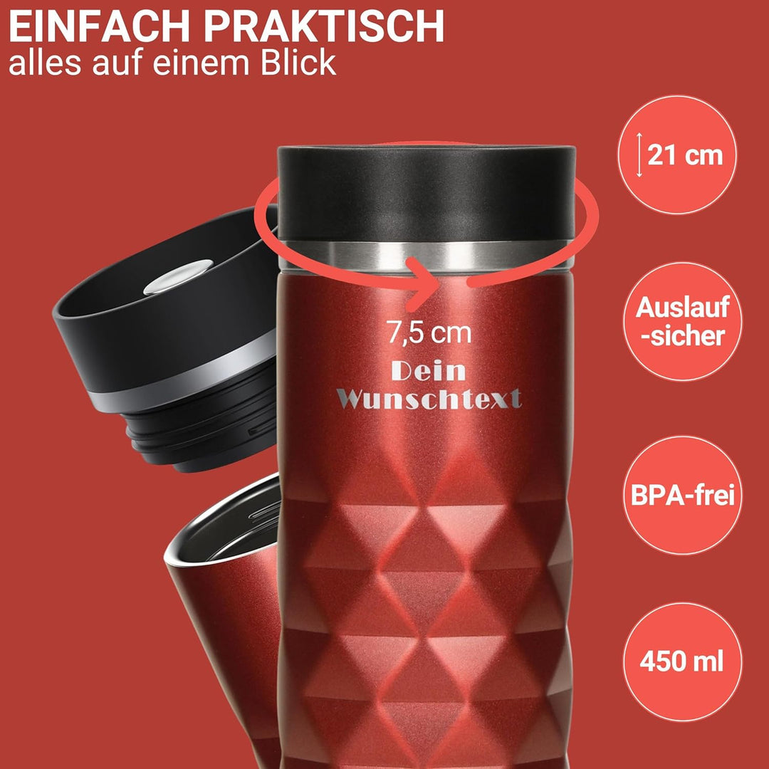 Edelstahl Thermobecher personalisiert – 100% auslaufsicherer & thermoisolierter Kaffeebecher – 450 m