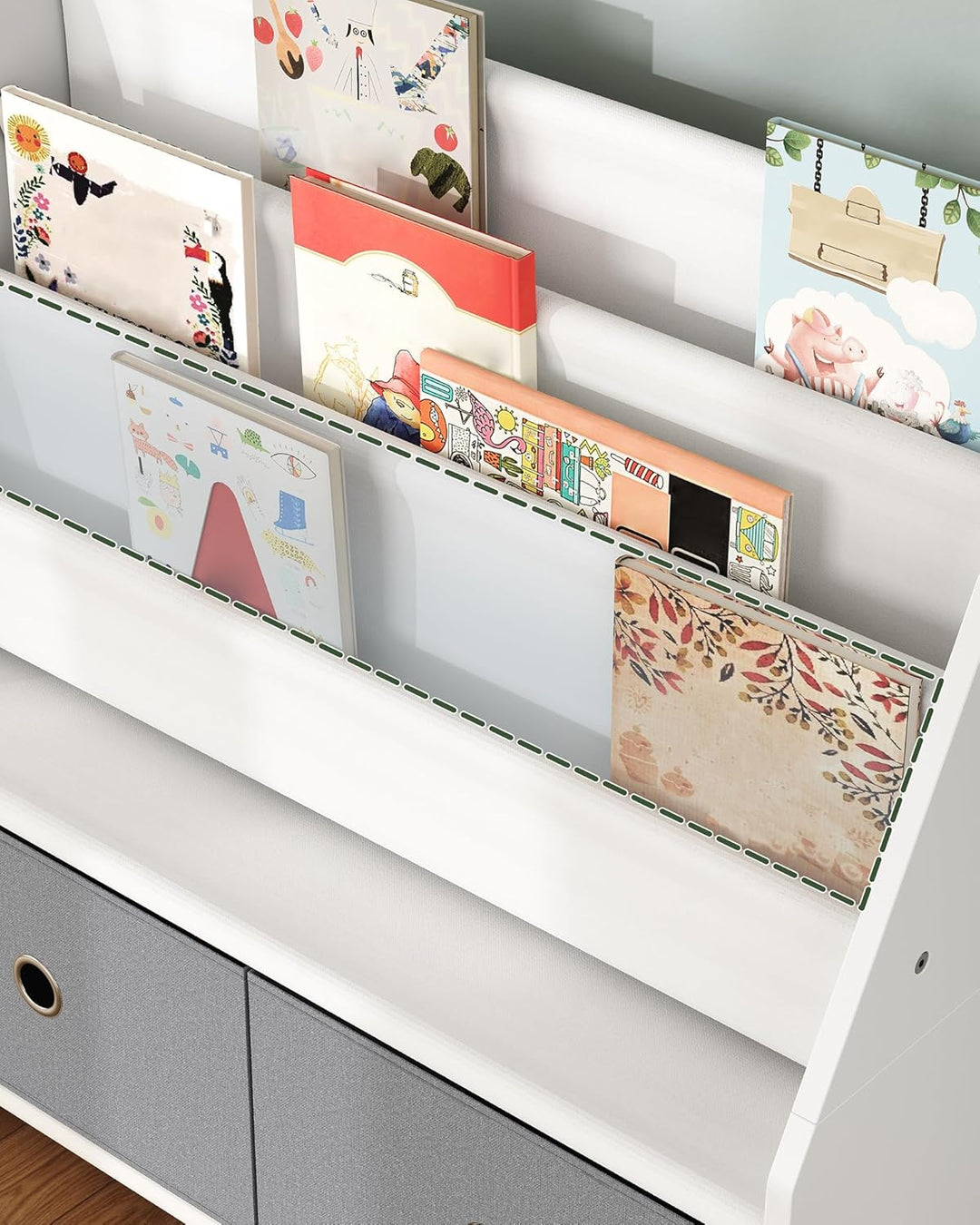 Kinder Bücherregal, Kinderregal, Spielzeug-Organizer, mit 3 Stofffächern und 2 herausziehbaren Spiel