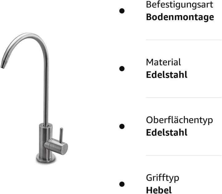 AORA® | Ein-Weg-Osmose-Wasserhahn SOFIA Edelstahl massiv | Edelstahl 304 | 360° schwenkbar | Ein-Weg