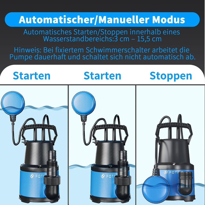 FOTING Tauchpumpe 400 W, 8000 l/h, Förderhöhe max. 8 m, Eintauchtiefe max. 7 m, einstellbarer Schwim
