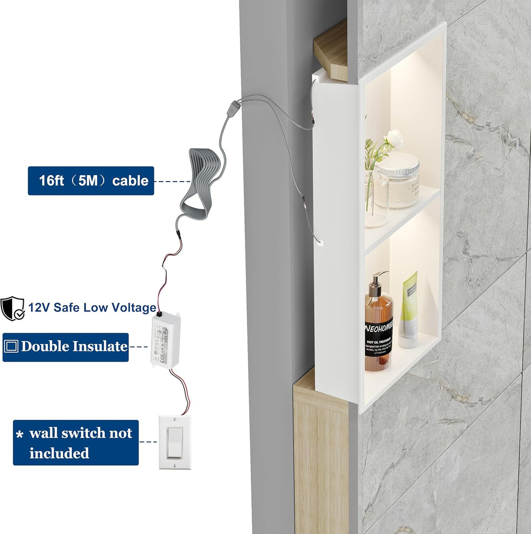 Wandnische Dusche Edelstahl mit LED-Beleuchtung, Doppel-Duschnische mit Regal Weiss Lagerung für Bad