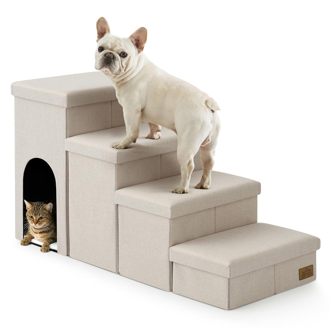 COZY KISS Hundetreppe für Kleine Hunde mit Stauraum und Katzenöffnung, Breite Haustiertreppe Faltbar