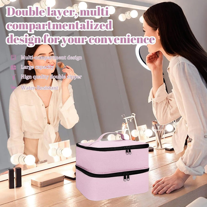 ADERTOS Nagellack Aufbewahrung Tasche Doppelschicht Rosa Nylon Kosmetiktasche Make Up Organizer für
