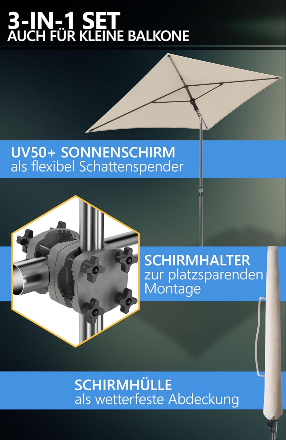 4smile Sonnenschirm Balkon SunnyShade, Sonnnenschutz Balkon SET 3-in-1, Beige - UV50+ SunnyGuy Sonne