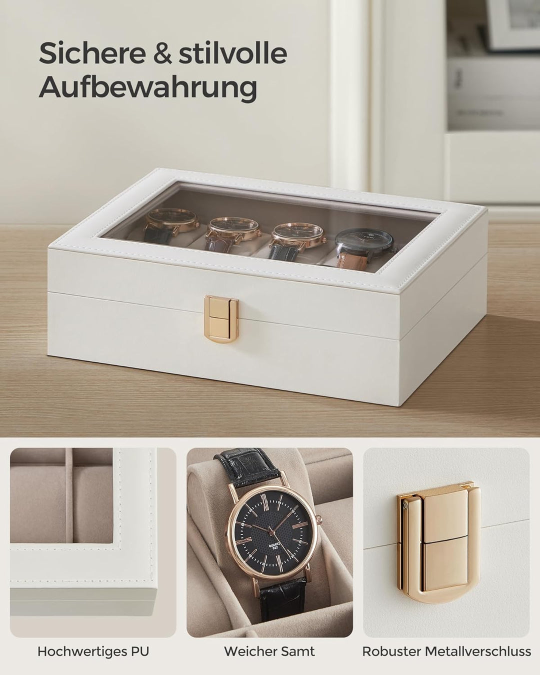 SONGMICS Uhrenbox mit 10 Fächern, Uhrenkasten, Glasdeckel, Uhrenkoffer, herausnehmbare Uhrenkissen,
