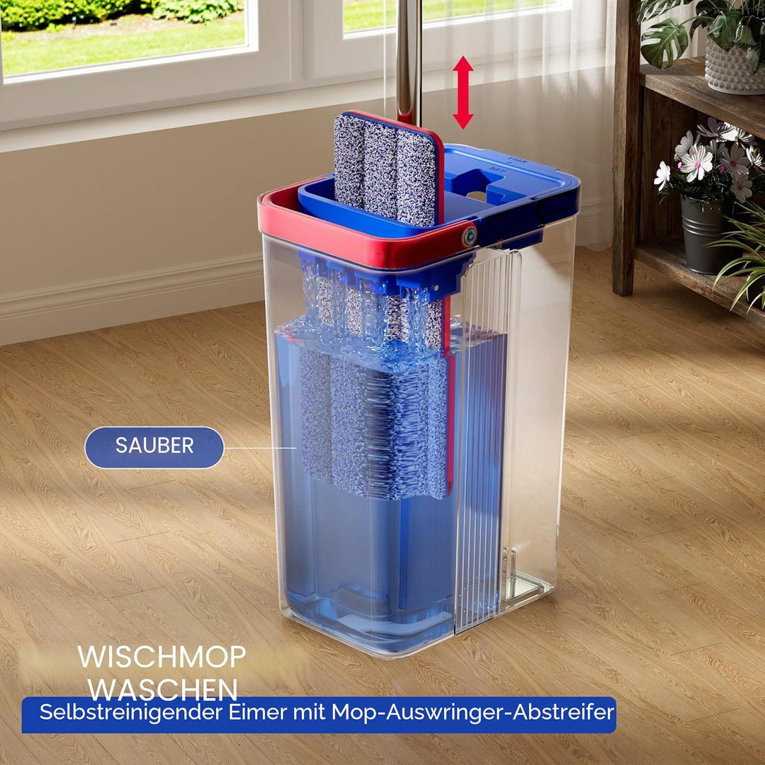 JOYMOOP Wischmopp und Eimer mit Auswringer-Set, freihändiger Flacher Bodenwischer und Eimer, mit 6 w