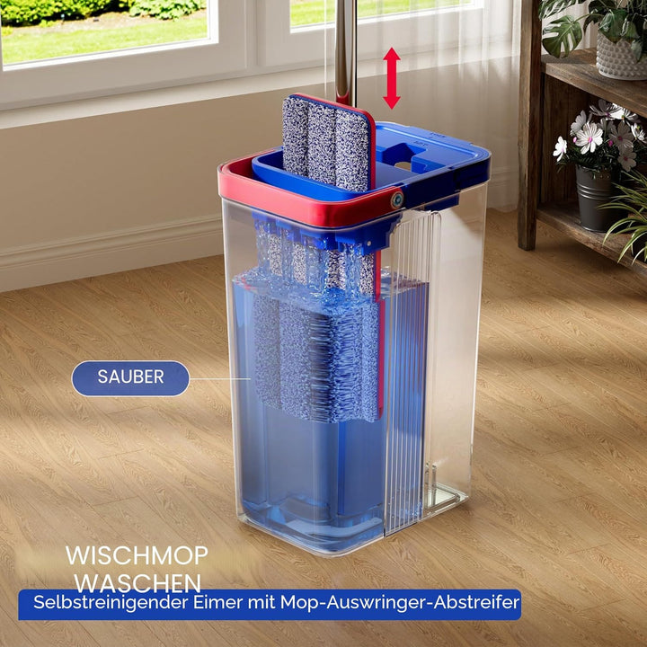 JOYMOOP Wischmopp und Eimer mit Auswringer-Set, freihändiger Flacher Bodenwischer und Eimer, mit 6 w