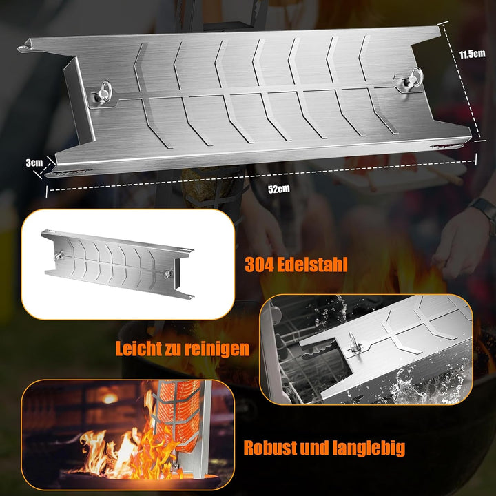 Flammlachsbrett aus Edelstahl 52×12 cm, Verstellbare Halterung | 180° Drehbar | 5-Stufig Einstellbar