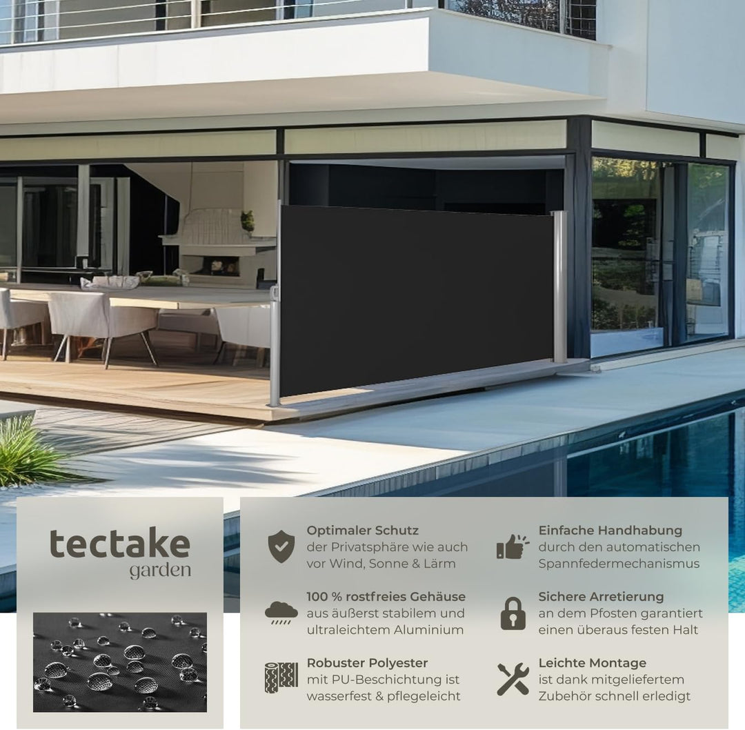 tectake blickdichte Aluminium Seitenmarkise, Wind- und Sichtschutz für Balkon, Garten und Terrasse,