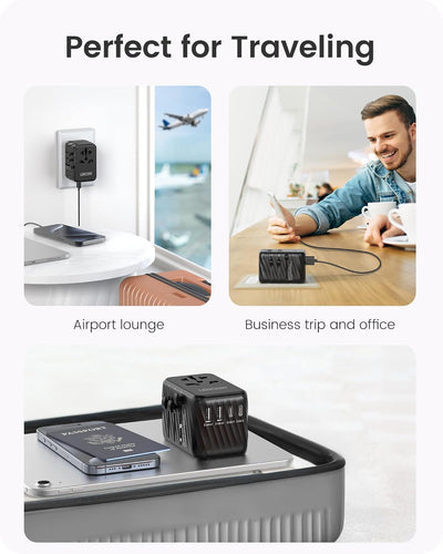 LENCENT Internationaler Reiseadapter, 65W GaN3 Universeller Adapter mit 2 USB A+3 Typ C PD, Weltweit