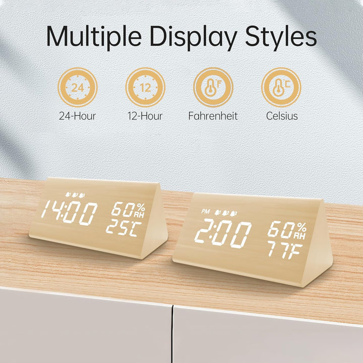 Digitaler Wecker, mit elektronischer Holz-LED-Zeitanzeige, 3 Alarmeinstellungen, Luftfeuchtigkeit un
