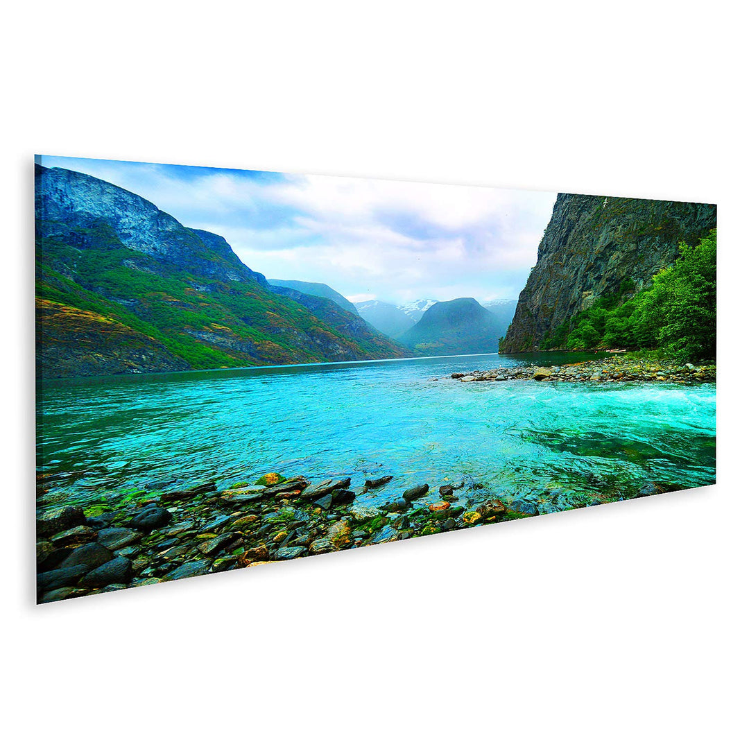 islandburner Bild auf Leinwand Fjord Fluss Norwegen Bilder Wandbilder Poster Leinwand 120x40cm - Pan