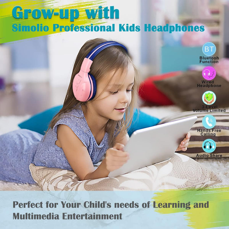 SIMOLIO Bluetooth Kinder Kopfhörer mit Legrenzter Lautstärke, Kindersicherer Kopfhörer mit Share Por