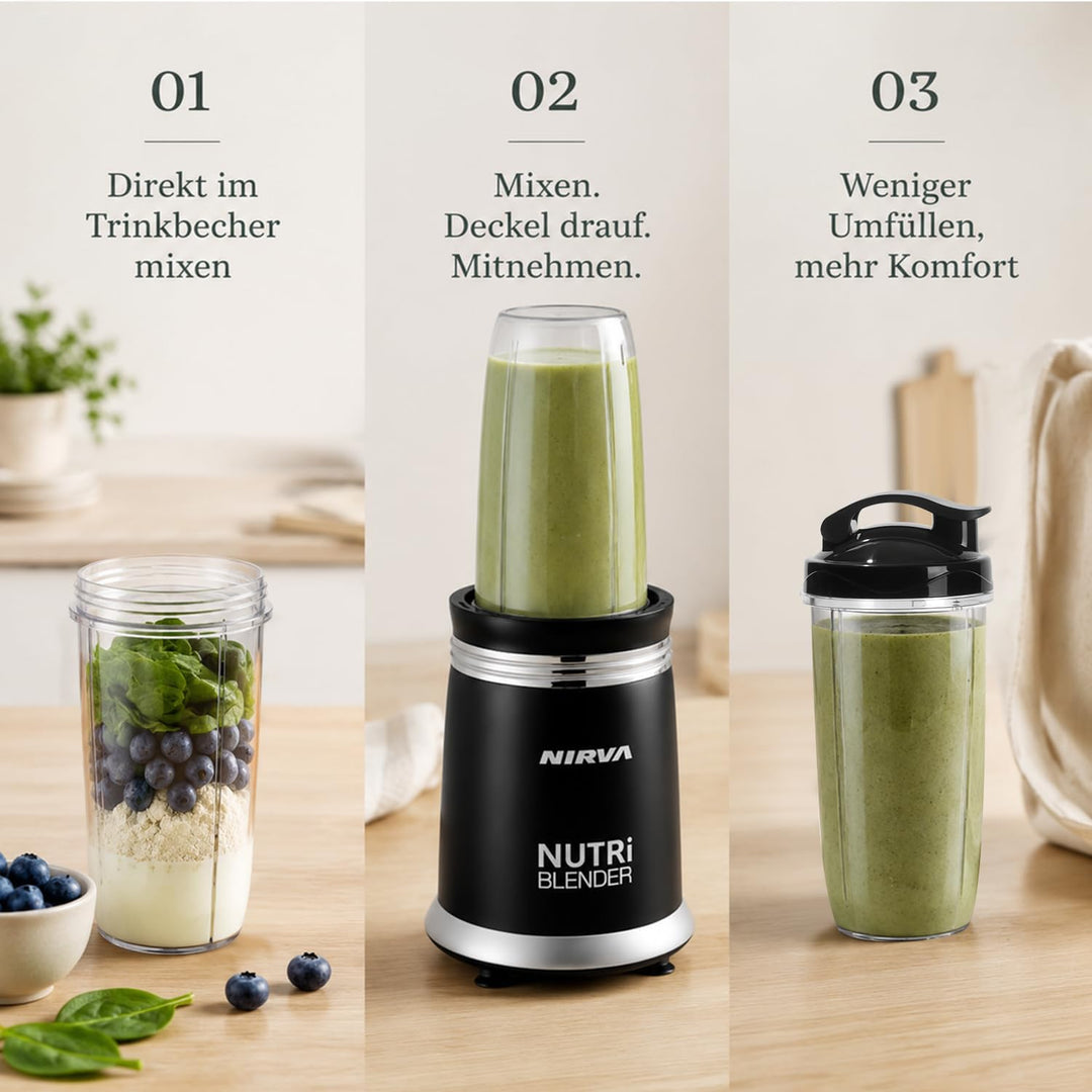 Nirva Smoothie Maker, Standmixer 2 in 1 mit Kaffeemühle, 25000 U/min Elektrischer Mixer für Shakes u