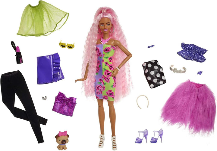 Barbie HGR60 - Extra Deluxe Puppe (rosa Haare) mit Haustier, Mix & Match Kleidung und Zubehör für üb