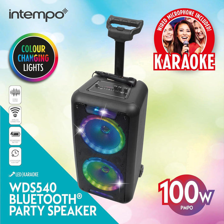 Intempo EE6745BLKSTKEU7 Karaoke-Lautsprecher mit kabelgebundenem Mikrofon, Bluetooth Partylautsprech