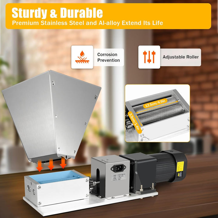 Elektrische Getreidemühle 75W mit Edelstahl-Walzen, 20kg/h | 4-Liter-Trichter, Walzenabstand 0–2,5 m