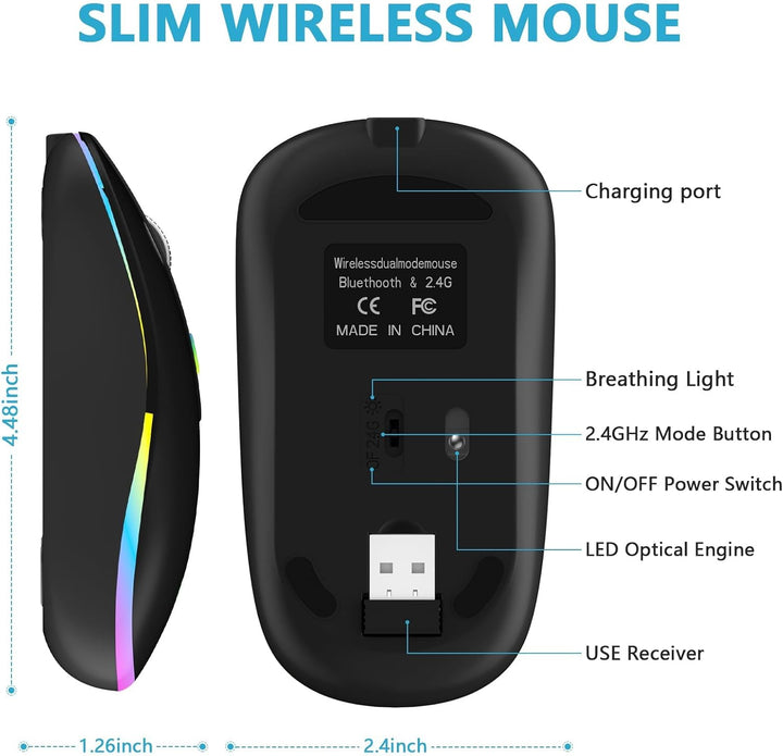 Maus Kabellos 2.4G USB Funkmaus 3DPI Wiederaufladbare Laptop mit USB-Empfänger 7 Typen LED Beleuchte