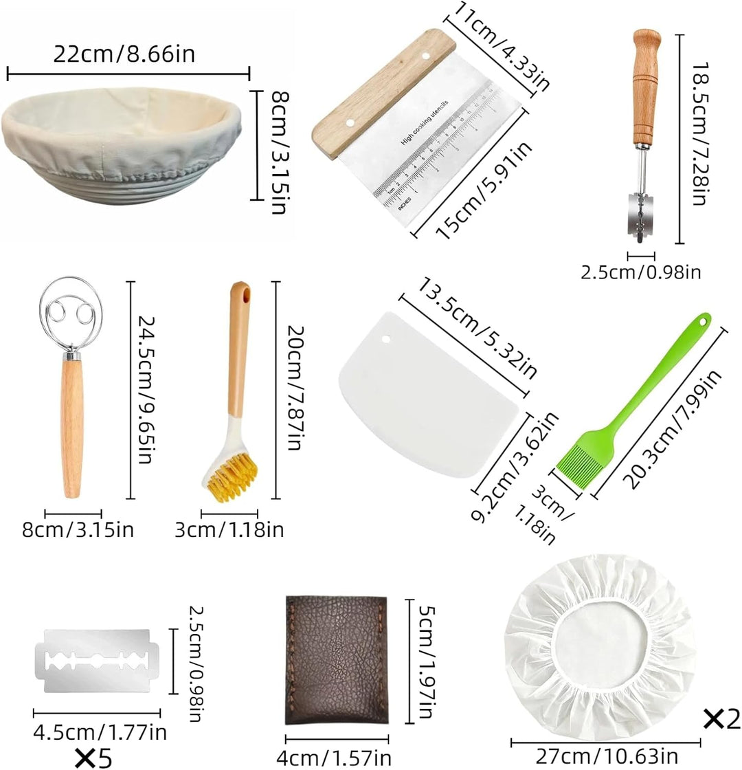 Gärkörbchen Set rund 23 cm aus natürlichem Rattan, Komplettes Brotbackset mit Bäckermesser, Teigscha