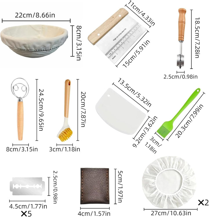 Gärkörbchen Set rund 23 cm aus natürlichem Rattan, Komplettes Brotbackset mit Bäckermesser, Teigscha