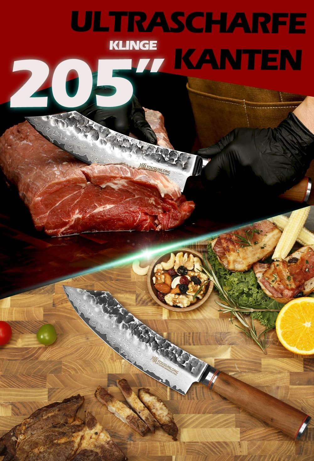YOUSUNLONG Blockmesser 20,50cm Metzgermesser klein extrem scharfe Klinge I Damast Küchenmesser und P