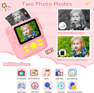 Sofortbildkamera Kinderkamera 1080P 2,4" Bildschirm - Kinder Kamera mit Druckpapier & 32GB Karte, Di