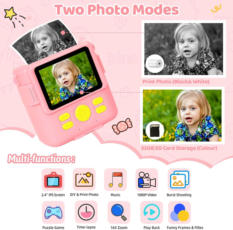 Sofortbildkamera Kinderkamera 1080P 2,4" Bildschirm - Kinder Kamera mit Druckpapier & 32GB Karte, Di