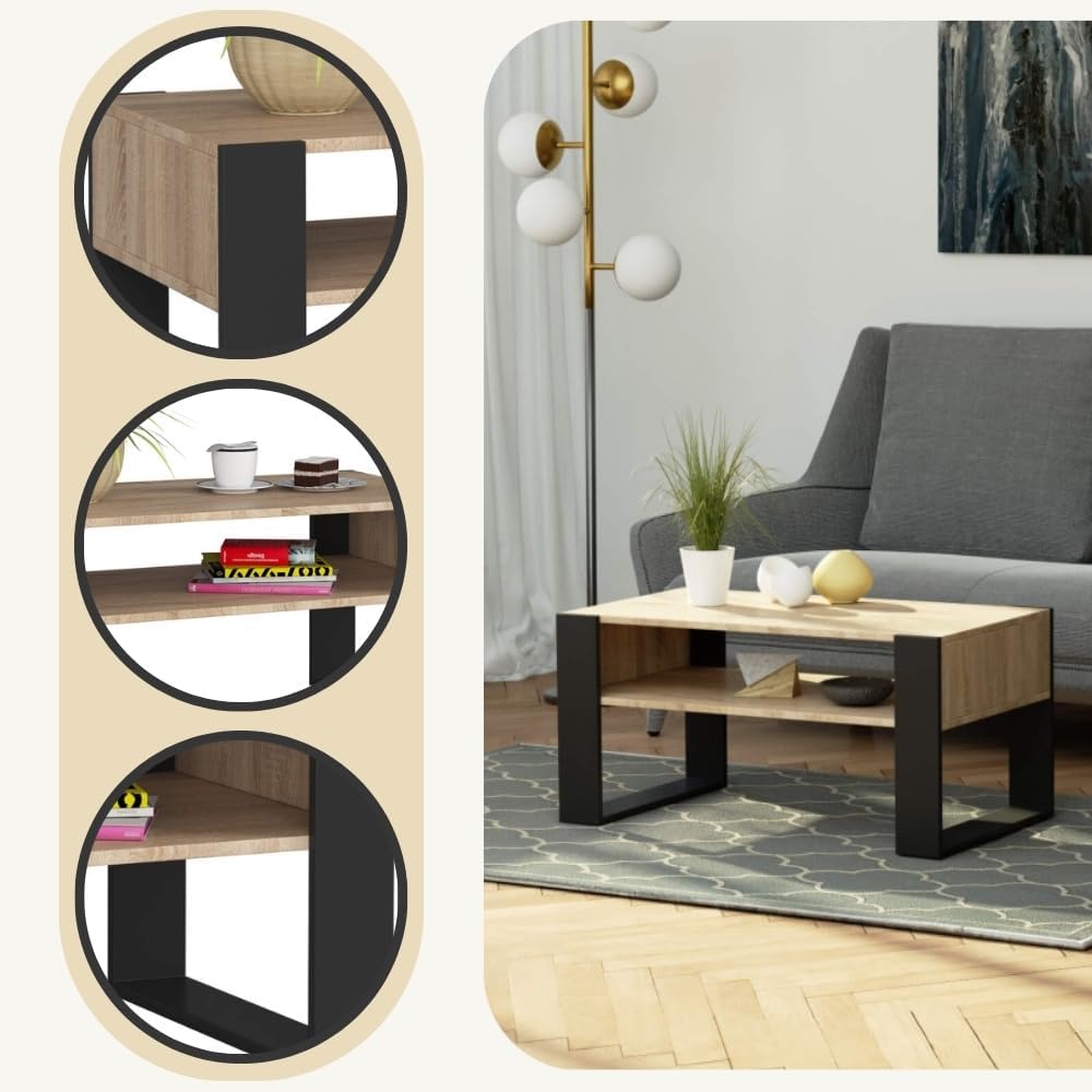 AKORD Couchtisch Holz DOMI mit einem Regal | 92x45x53cm | Für Wohnzimmer | Schlafzimmer Schrank | Mi