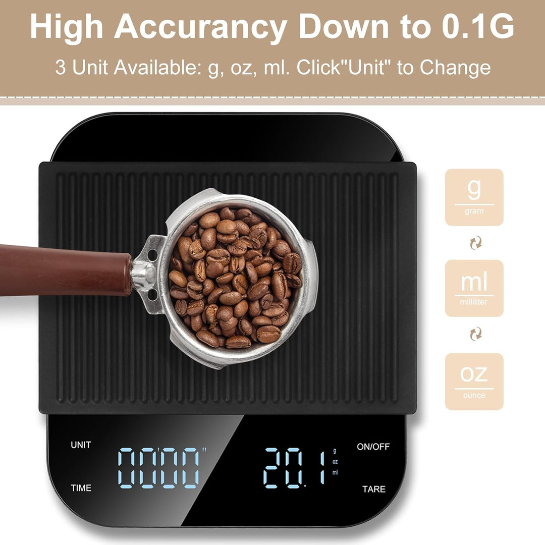 Digitale Kaffeewaage mit Timer, Espresso Waage mit 0,1g Präziser Graduierung, USB Aufladbar Feinwaag
