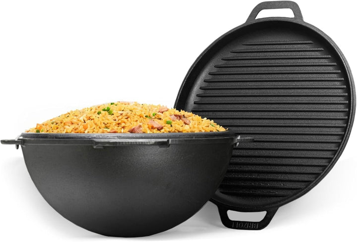12L Gusseisen Schwenktopf Kazan Asia Kasan mit Deckel-Grillpfanne aus Gusseisen Grillwok Wokpfanne G