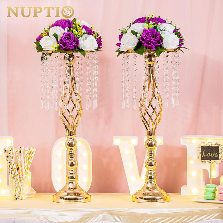 NUPTIO 2 Stück Kristallblumenständer Hochzeit Mittelstücke für Tische, 55cm Hoch Elegante Metall Blu