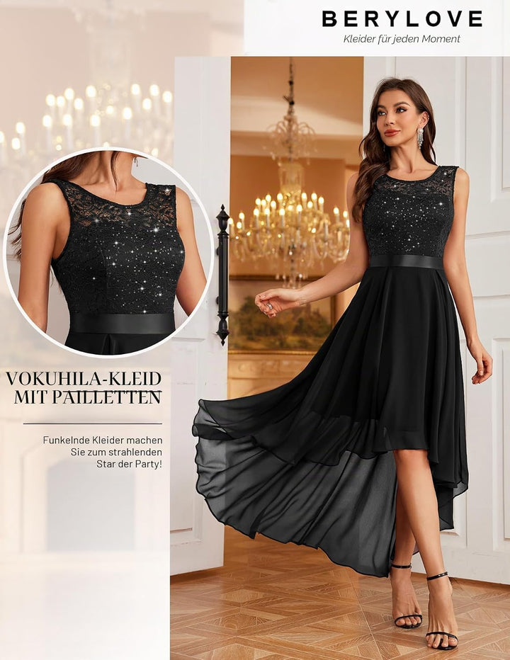 Berylove Damen Vokuhila Cocktailkleid Abendkleider Elegant für Hochzeit Festliche Kleider Ärmellos B