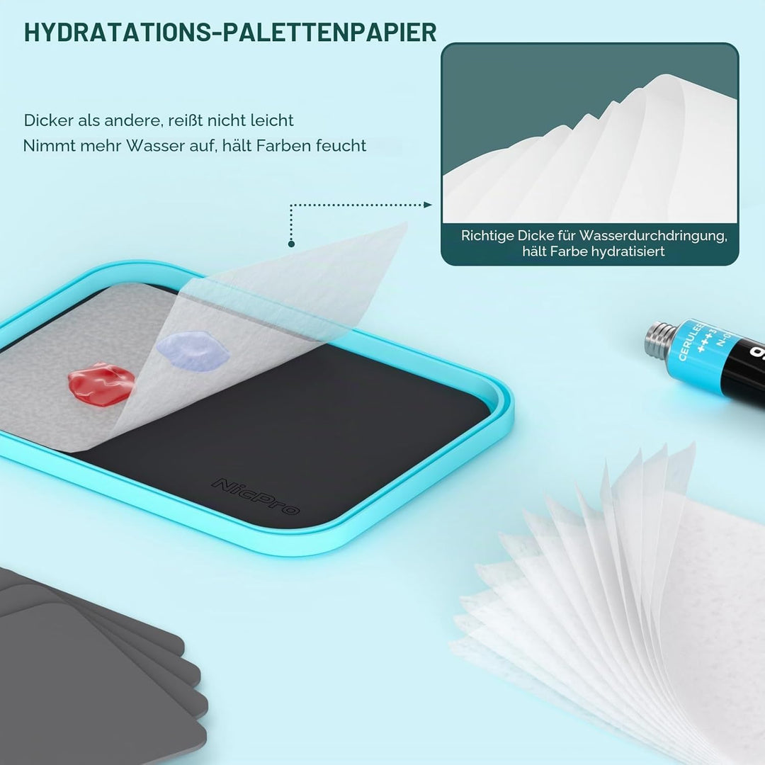Nicpro Wet Palette für Mischpalette Acrylfarben, Farbtablett Nasspalette mit 100 Stück Palettenpapie