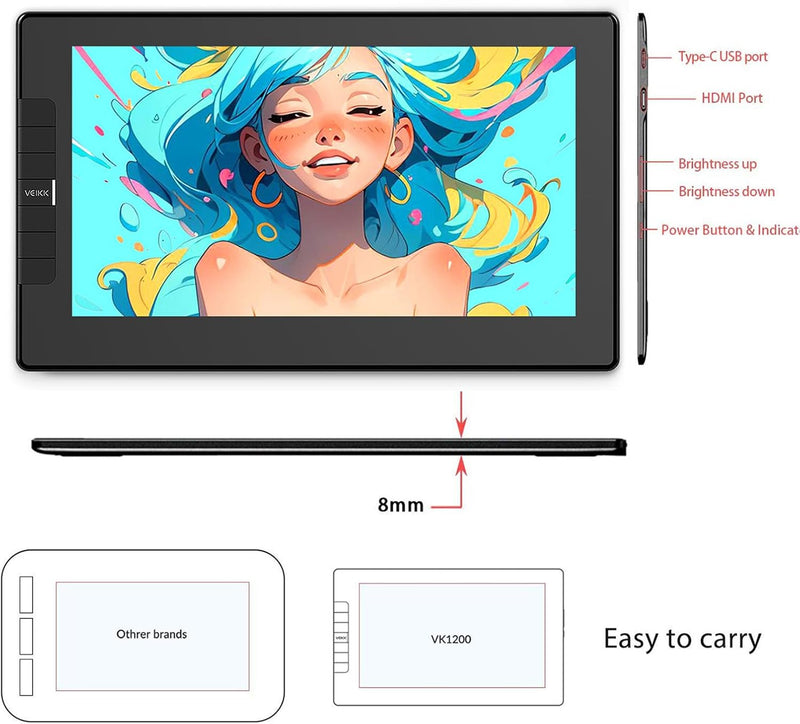 Grafiktablett mit Display,VEIKK VK1200 11,6 Zoll Zeichentablett mit Display mit 120% sRGB Bildschirm