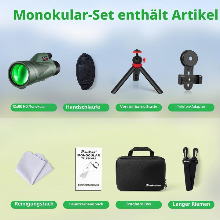 Pankoo Monokular für Erwachsene, 12 x 50, Hochleistung, Monokular-Teleskop für Wildtiere, Vogelbeoba