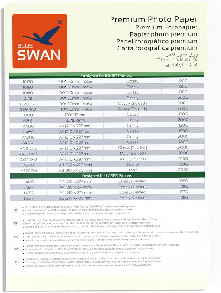 BLUE SWAN Fotopapier A3, 150 g/m², 50 Blatt – Hochglänzend, spritzwasserabweisend, einseitig beschic