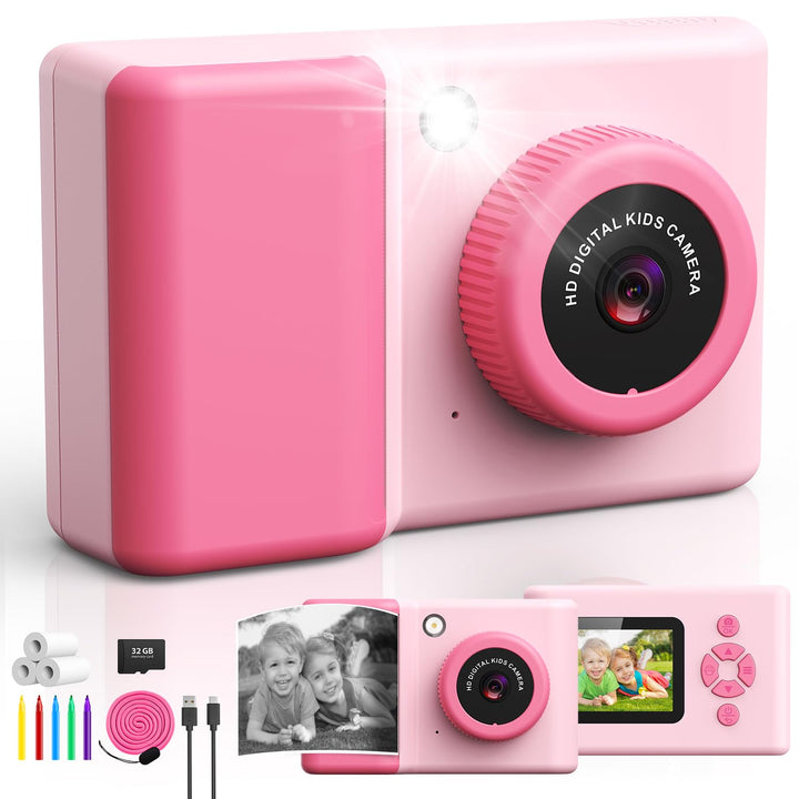 Ushining Sofortbildkamera Kinder, 1080P HD Kinderkamera Sofortbildkamera mit 32GB Karte & DruckerPap