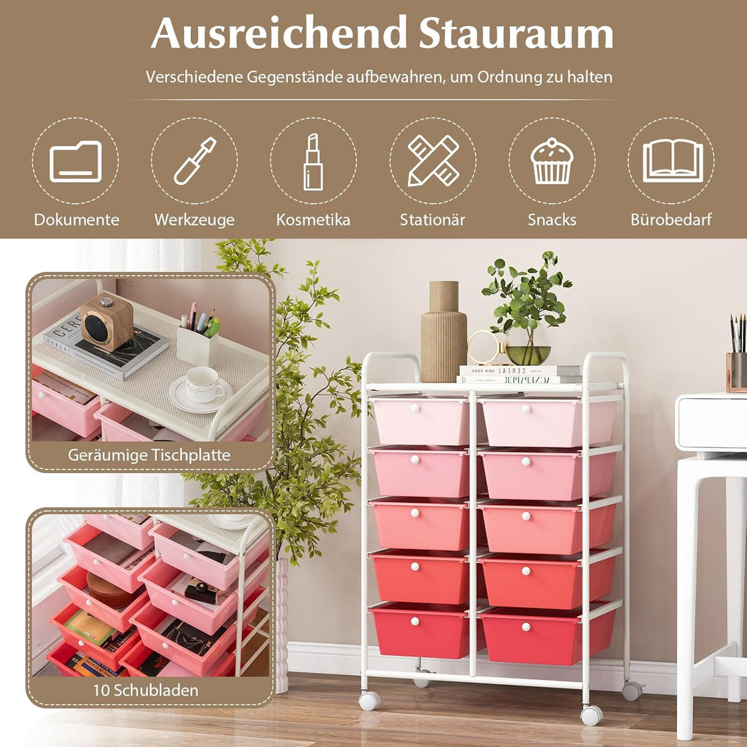 GOPLUS Rollwagen mit 10 Schubladen stapelbar, Rollcontainer mit Ablage & Metallgestell, Badregal, Au