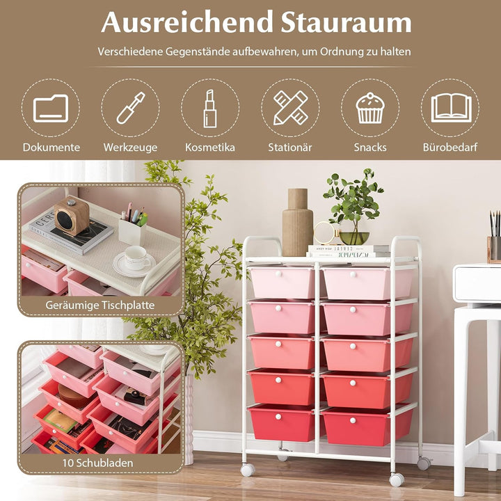 GOPLUS Rollwagen mit 10 Schubladen stapelbar, Rollcontainer mit Ablage & Metallgestell, Badregal, Au