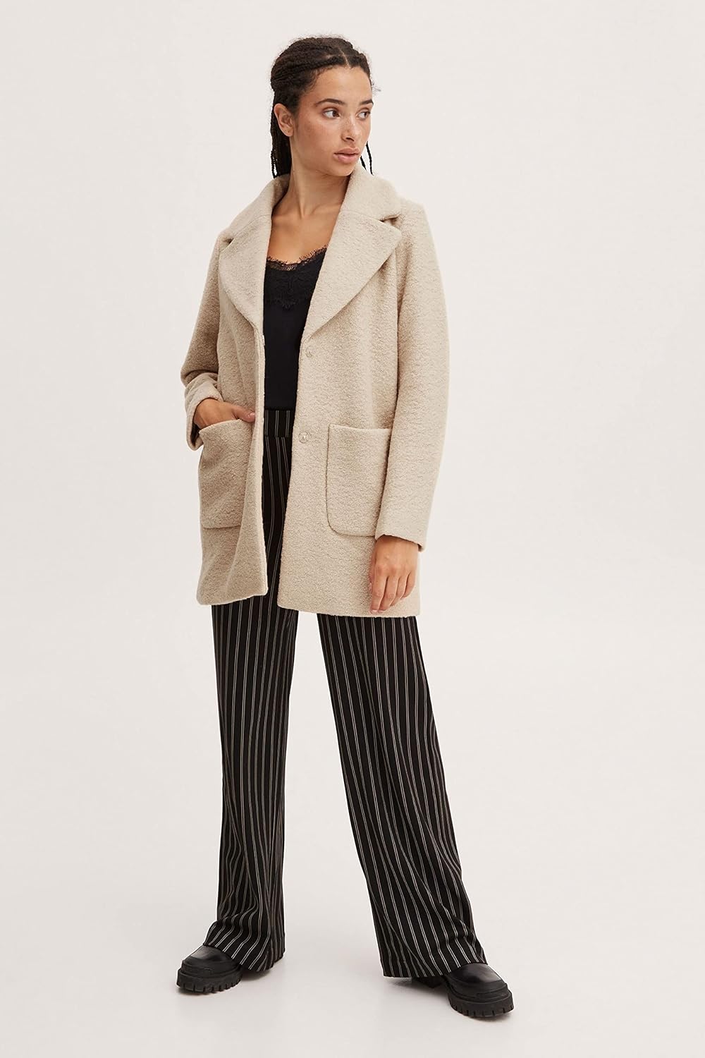 ICHI IHSTIPA JA Damen Wintermantel Wollmantel Winterjacke Kurzmantel mit Druckknöpfen und Reverskrag
