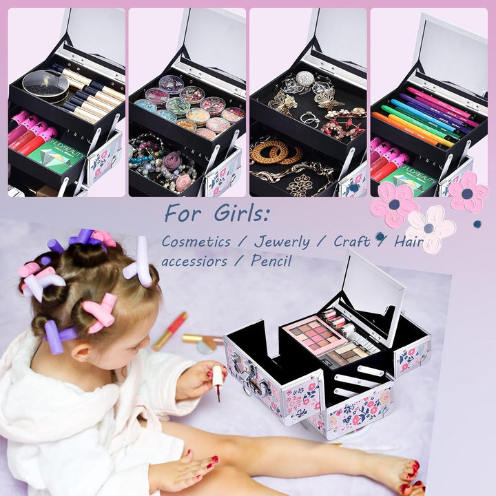 Kosmetikkoffer Schminkkoffer Schmuckkoffer Kosmetik-Makeup-Koffer mit Spiegel Pink, Blumen Blumen Ro