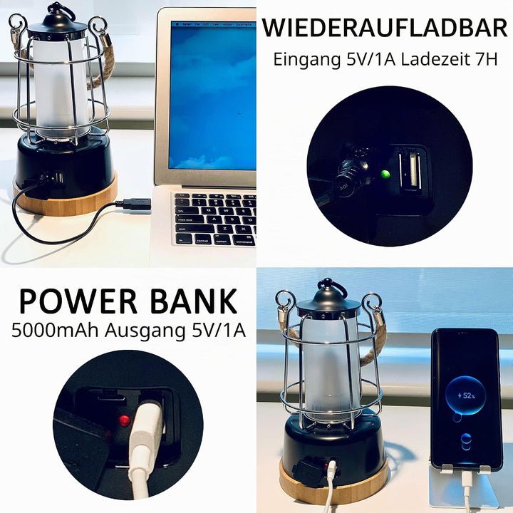 HARPER LIVING Wiederaufladbare LED-Laterne im Retro-Stil, 6 W, 370 Lumen, 5000 mAh, dimmbar, Farbwec
